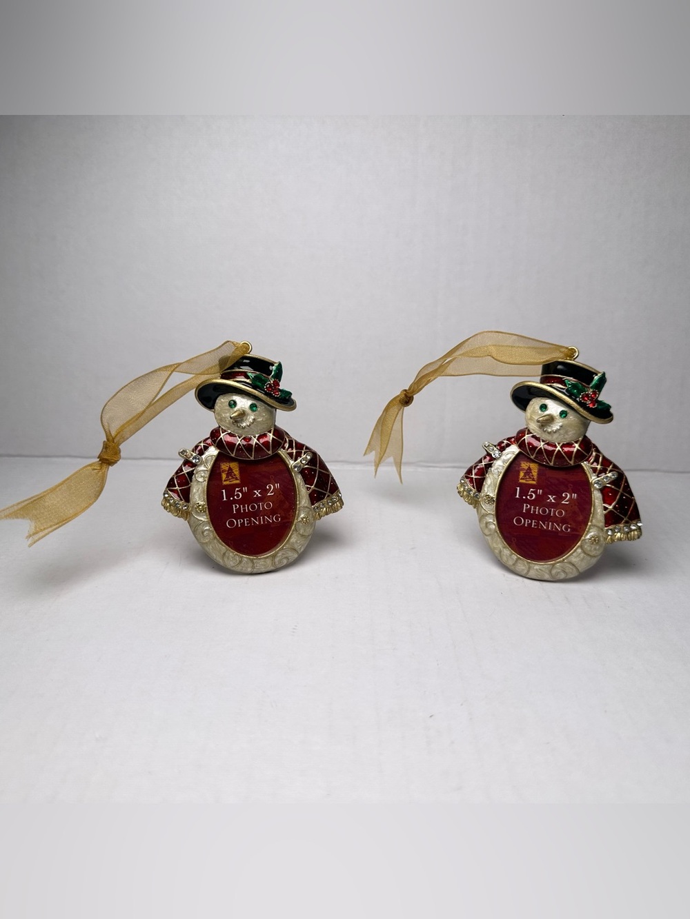 VTG Enameled Metal Rhinestones Snowman Photo Frame Holiday Ornament Set Of 2-NEW